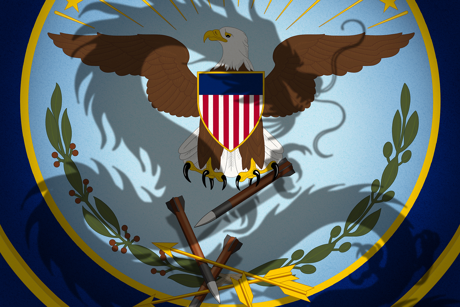 An illustration of the Great Seal of the United States featuring a bald eagle with outstretched wings and a shield on its chest. Several missiles are scattered at the bottom of the seal, and a large, dark shadow of a dragon looms across the entire emblem.