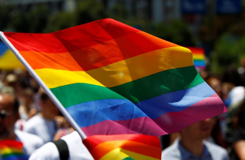 The rainbow flag, commonly known as the gay pride flag or LGBT pride flag, is seen during the first Gay Pride parade in Skopje, North Macedonia June 29, 2019
