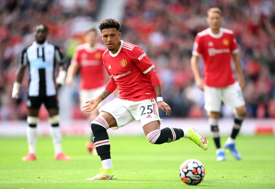 Jadon Sancho of Manchester United controls the ball during the Premier League match between Manchester United and Newcastle United