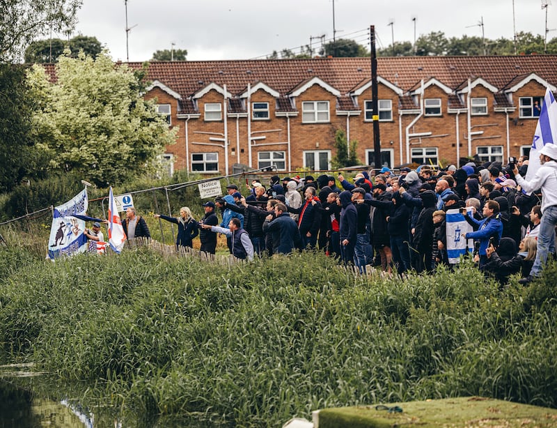 DUP MLA Carla Lockhart in Sacra as the March for Gaza passes by Scarva village. PICTURE: BRENDAN HARKIN