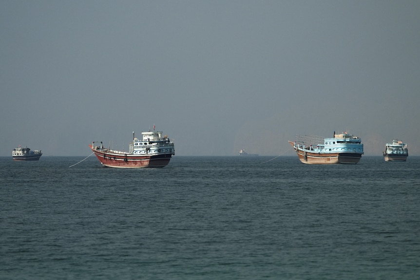 Vessels at the Strait of Hormuz, as seen from Musandam, Oman.
