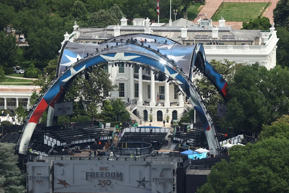 A 92-foot-tall, octagon-shaped stage for Trump’s UFC Freedom 250 event will be dismantled ‘immediately’ after an event on June 14, according to the White House. Donald Trump has previously suggested it could stay there forever (Reuters)