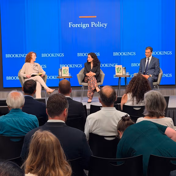 Authors Yeganeh Torbati and Bozorgmehr Sharafedin speak at the Brookings Institution in Washington, DC, on June 3, 2026, in a discussion moderated by Suzanne Maloney.