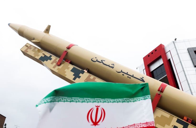 An Iranian missile is displayed during a rally marking the annual Quds Day, or Jerusalem Day, on the last Friday of the holy month of Ramadan in Tehran, Iran April 29, 2022. (credit: MAJID ASGARIPOUR/WANA