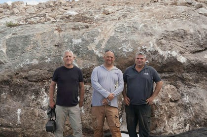 Fureidis Cave expedition, from left: Ron Shimelmitz, Kobi Vardi and Amit Gabbay. Credit: The Fureidis Cave Project Fureidis Cave expedition, from left: Ron Shimelmitz, Kobi Vardi and Amit Gabbay