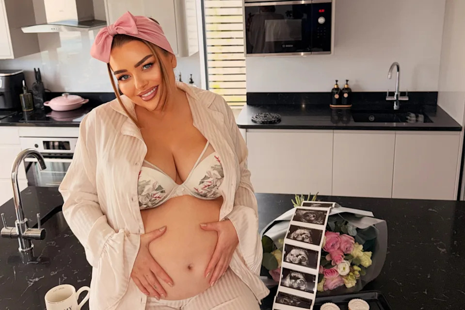Christophers holding her stomach next to ultrasound scan images.