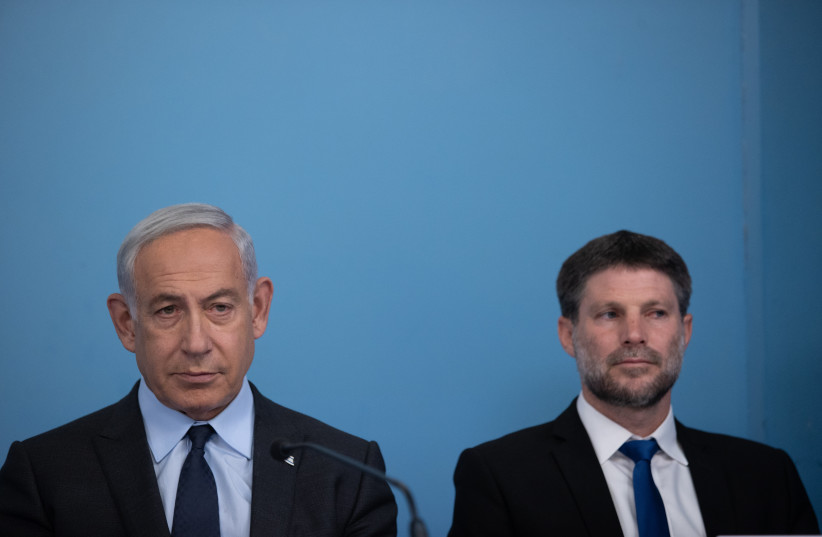 Prime minister Benjamin Netanyahu and Finance Minister Bezalel Smotrich seen during a press conference, at the Prime Minister's Office in Jerusalem. April 30, 2023