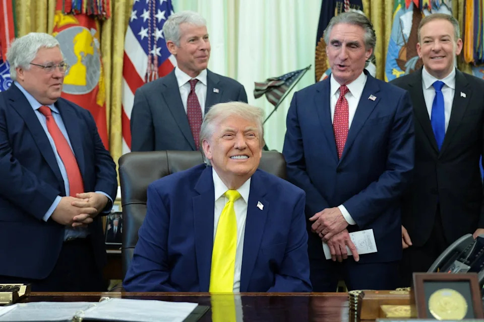 Trump appeared to 'doze off' after gathering reporters late afternoon Thursday at an event about 'clean coal' with Environmental Protection Agency Administrator Lee Zeldin and Interior Secretary Doug Burgum (Reuters)