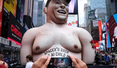 Giant inflatable Elon Musk appears in Times Square one day before SpaceX IPO, with a scathing message for its CEO