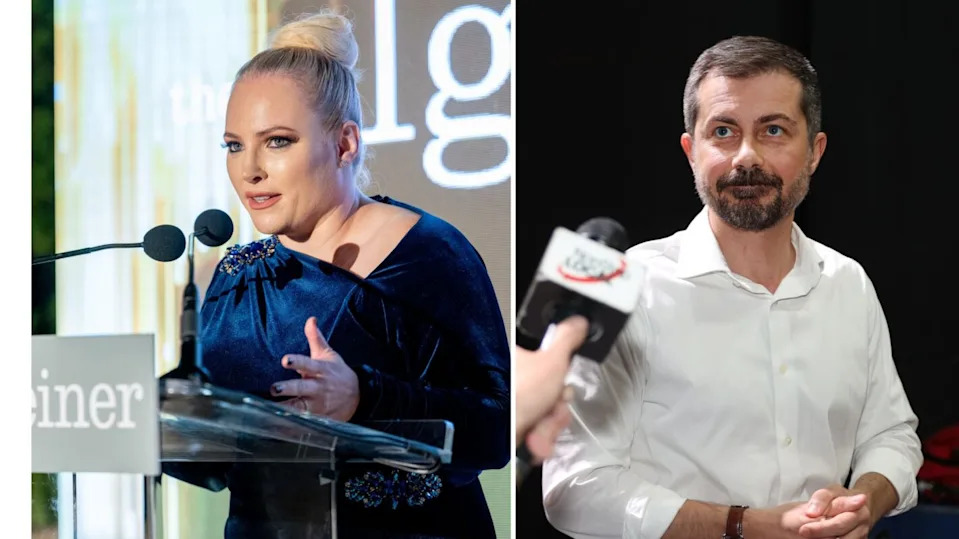 Meghan McCain receives The Algemeiner’s Warrior of Truth Award during The Algemeiner’s 8th annual J100 Gala on October 12, 2021, in Rockleigh, New Jersey; Pete Buttigieg speaks the press backstage after a rally at The Mother Lode Theatre on May 17, 2026, in Butte, Montana