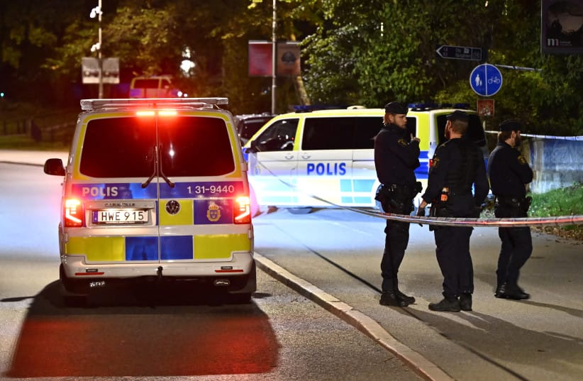Police secures the area near the Israeli embassy in Stockholm after a suspected shooting on October 1, 2024