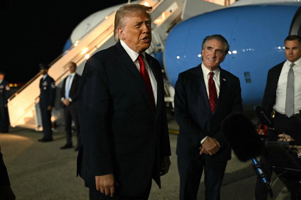 CORRECTION / US President Donald Trump speaks to the press before boarding Air Force One prior to departure from John F. Kennedy International Airport, in New York, on June 9, 2026. Trump is returning to the White House after attending Game Three of the NBA Finals. (Photo by SAUL LOEB / AFP via Getty Images) / "The erroneous mention[s] appearing in the metadata of this photo by SAUL LOEB has been modified in AFP systems in the following manner: [June 9] instead of [June 8]. Please immediately remove the erroneous mention[s] from all your online services and delete it (them) from your servers. If you have been authorized by AFP to distribute it (them) to third parties, please ensure that the same actions are carried out by them. Failure to promptly comply with these instructions will entail liability on your part for any continued or post notification usage. Therefore we thank you very much for all your attention and prompt action. We are sorry for the inconvenience this notification may cause and remain at your disposal for any further information you may require."