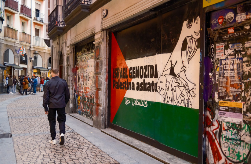 An anti-Israel, pro-Palestine mural seen in Bilbao, Spain, June 4, 2025