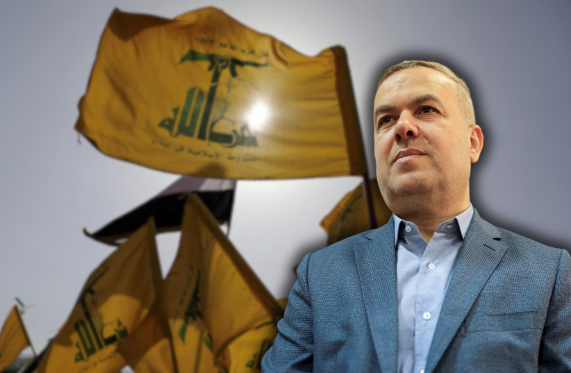 Hezbollah lawmaker Hassan Fadlallah against background of Hezbollah flags. (illustration)