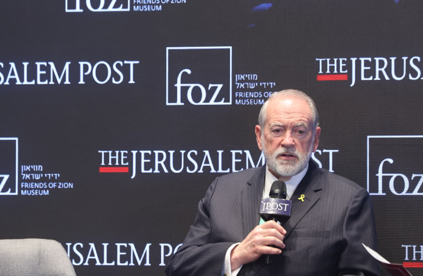 US Ambassador Mike Huckabee speaks at The Jerusalem Post at the Diplomatic Conference held at the Friends of Zion Museum media center in Jerusalem, September 16, 2025.