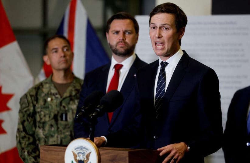 Jared Kushner speaks to members of the media next to U.S. Vice President JD Vance in Kiryat Gat, Israel, October 21, 2025.