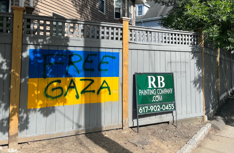 Pro-Palestinian signage was commonplace in Somerville, Massachusetts, during the Gaza war and in the lead-up to a successful Israel boycott ballot initiative, as seen Aug. 24, 2025.
