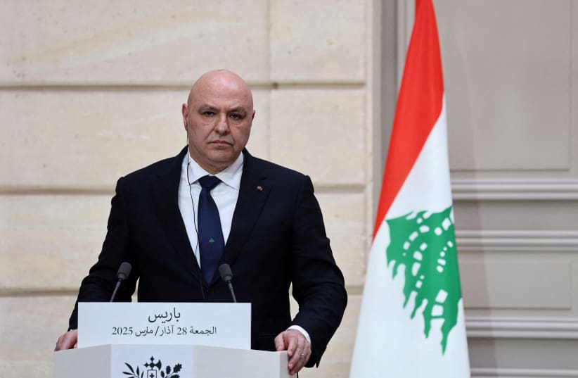 Lebanese President Joseph Aoun attends a joint press conference with French President Emmanuel Macron, at the Elysee Palace in Paris, France, March 28, 2025.