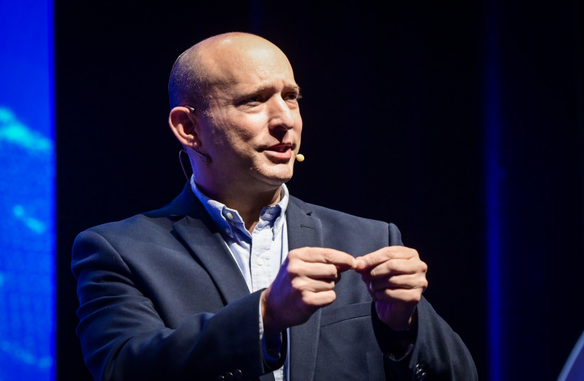 Former prime minister Naftali Bennett speaks at the annual Cyber Week, at Tel Aviv University, December 9, 2025