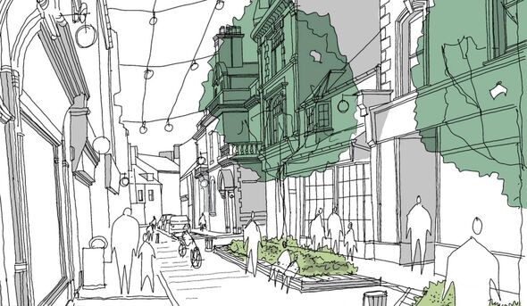 New planters, street furniture, trees and decorative lighting are envisaged for Pwllheli's High Street New planters, street furniture, trees and decorative lighting are envisaged for Pwllheli's High Street