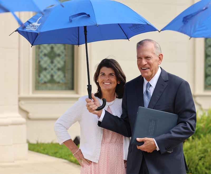 Elder Steven R. Bangerter, General Authority Seventy and executive director of the Temple Department, and his wife, Sister Susan Bangerter, smile before entering Bacolod Philippines Temple for dedication in Bacolod City, Philippines, on Sunday, May 31, 2026.