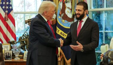 In this photo released by Syrian Presidency press office, President Trump, left, shakes hands with Syria's President Ahmad al-Sharaa, at the White House in Washington, on Nov. 10, 2025.