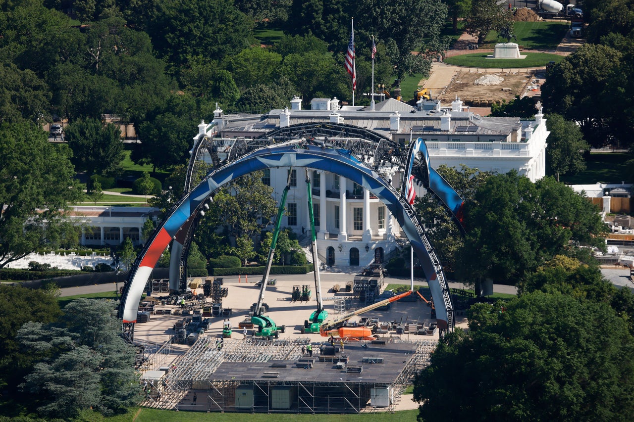 Construction continues on the South Lawn of the White House for an upcoming UFC event on May 29, 2026, in Washington, D.C.
