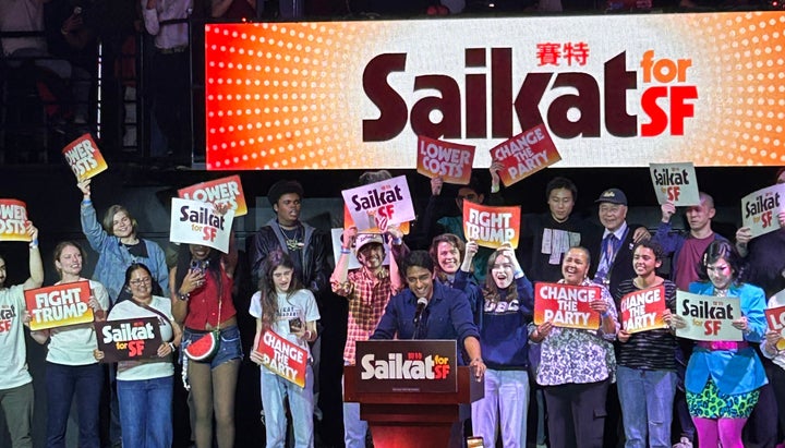 Saikat Chakrabarti speaks at a packed rally in May.