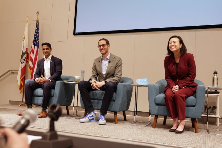 From left: Saikat Chakrabarti, state Sen. Scott Wiener and Supervisor Connie Chan speak during a House candidate forum.