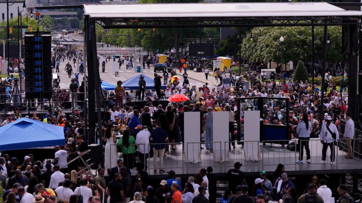 People listen to speakers during a voting-rights rally on Saturday, May 16, 2026, in Montgomery, Alabama.
