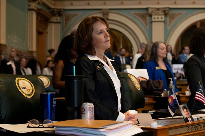 Former Colorado state Rep. Shannon Bird listens at the state Capitol on Wednesday, May 7, 2025, in Denver.