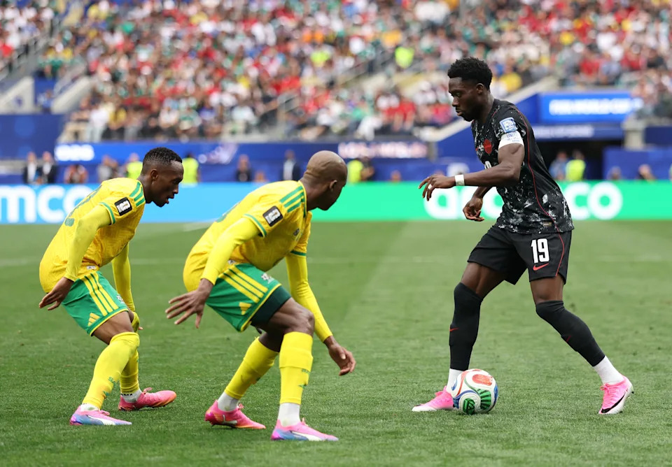 INGLEWOOD, CALIFORNIA - JUNE 28: Alphonso Davies #19 of Canada runs with the ball during the FIFA World Cup 2026 Round Of 32 match between South Africa and Canada at Los Angeles Stadium on June 28, 2026 in Inglewood, California. (Photo by Emilee Chinn/Getty Images)