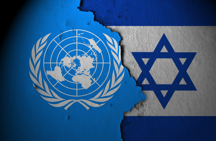 An illustration of the flags of the United Nations and Israel.