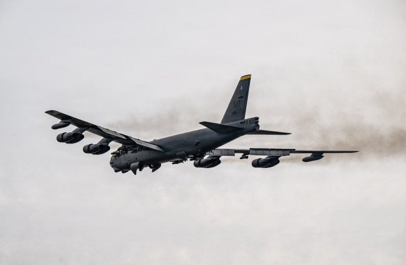 An Air Force B-52 Stratofortress takes off in support of Operation Epic Fury during the Iran war at an undisclosed location, March 22, 2026.