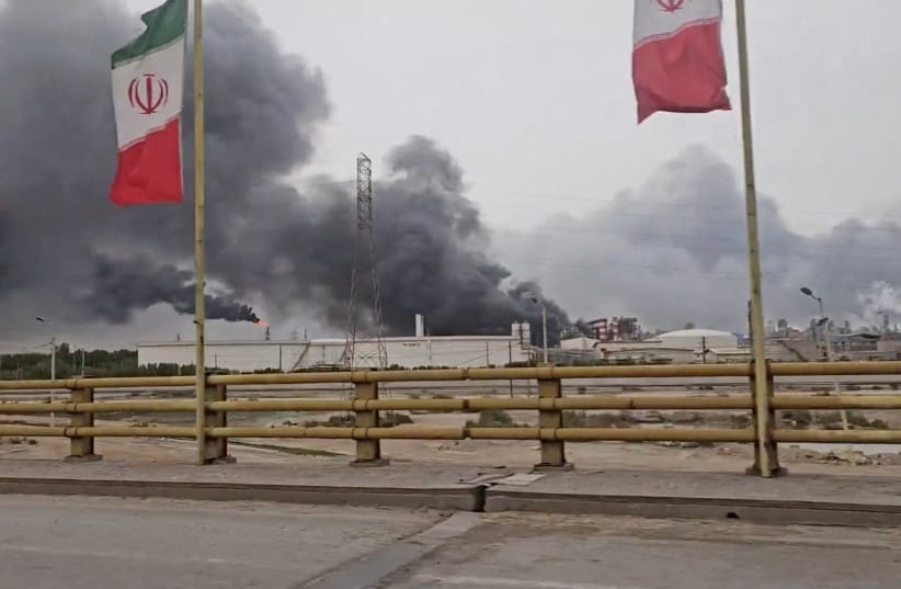 Smoke rises after strikes on the Mahshahr Petrochemical Zone in Bandar Mahshahr County, Khuzestan Province, Iran, in this handout picture released April 4, 2026, and obtained from a social media video.