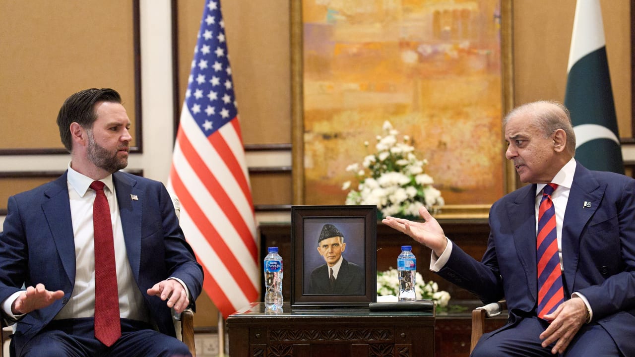 US Vice President JD Vance, left, meets with Pakistan's Prime Minister Shehbaz Sharif for talks about Iran, in Islamabad, Pakistan, April 11, 2026.