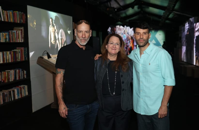 From left to right, Ziv Koren, Danna Azrieli and Noam Horev at the We Shall Rise installation at the Azrieli Mall in Tel Aviv. May 31, 2026.