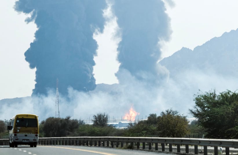 Smoke and flames rise from an energy installation in the Gulf emirate of Fujairah on March 14, 2026.
