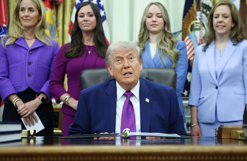 US President Donald Trump, joined by lawmakers and healthcare industry professionals, answers a reporters question during an event on maternal healthcare in the Oval Office of the White House on May 11, 2026 in Washington, DC.