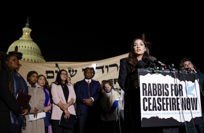 U.S. Rep. Alexandria Ocasio-Cortez (D-NY) speaks at a news conference calling for a ceasefire in Gaza outside the U.S. Capitol building on November 13, 2023 in Washington, DC; Illustrative.