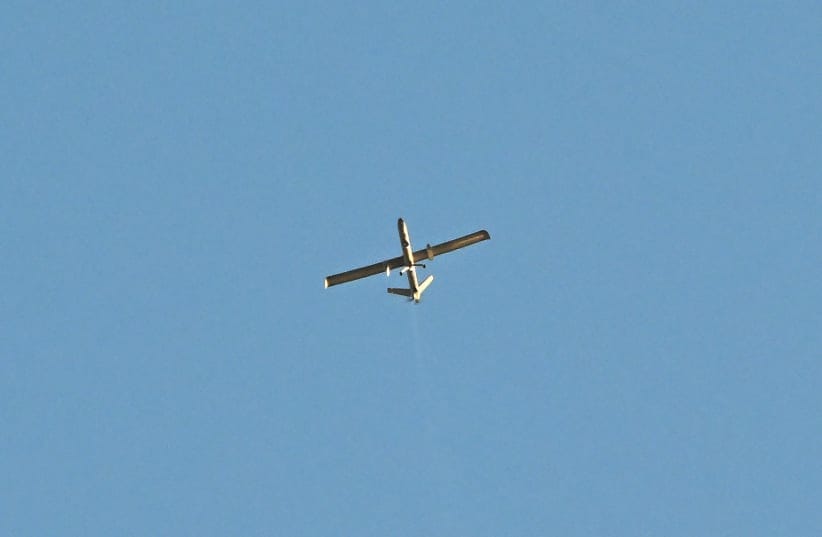 A drone is seen flying above the skyline of Beirut's southern suburbs, on June 5, 2026. Lebanon's leaders issued pointed calls for Iran to stop interfering in their country's affairs on June 5, as Israel and the Tehran-backed Hezbollah traded attacks after a new truce deal collapsed.