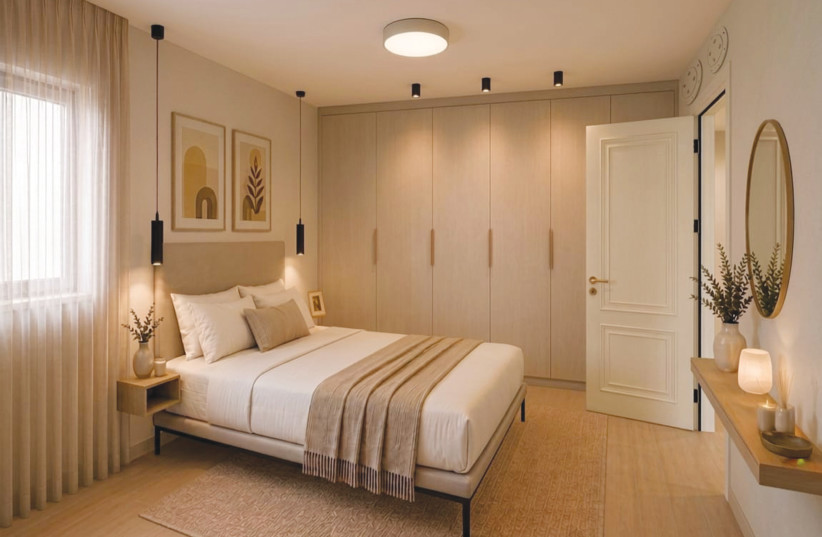 Mamad Bedroom complete with ensuite bathroom with shower, by architect/interior designer Ahuva Rhein of Ahuva Design With Purpose.