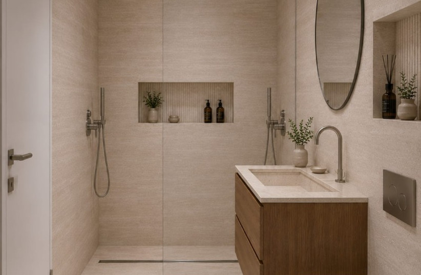 Mamad bedroom complete with ensuite bathroom with shower, by architect/interior designer Ahuva Rhein of Ahuva Design With Purpose.