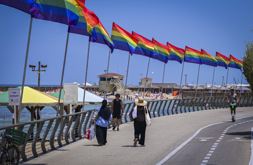 PRIDE FLAGS are seen at the beach in Tel Aviv ahead of the city’s annual Pride Parade, June 11, 2026.