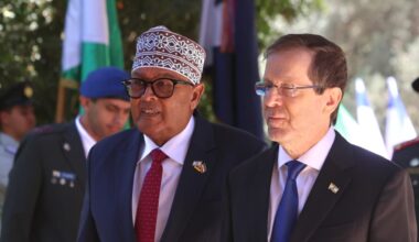 Somaliland President Abdirahman Mohamed Abdullahi and President Isaac Herzog during Abdullahi's first official state visit to Israel, June 14, 2026.
