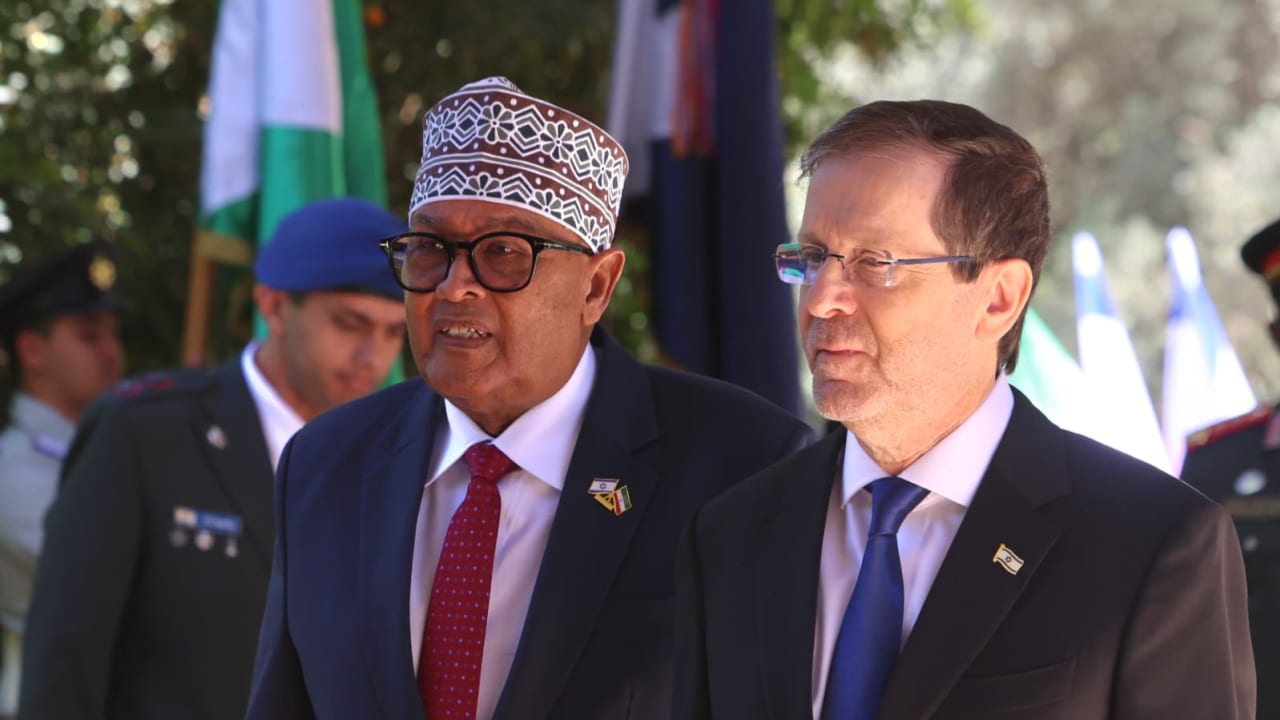 Somaliland President Abdirahman Mohamed Abdullahi and President Isaac Herzog during Abdullahi's first official state visit to Israel, June 14, 2026.