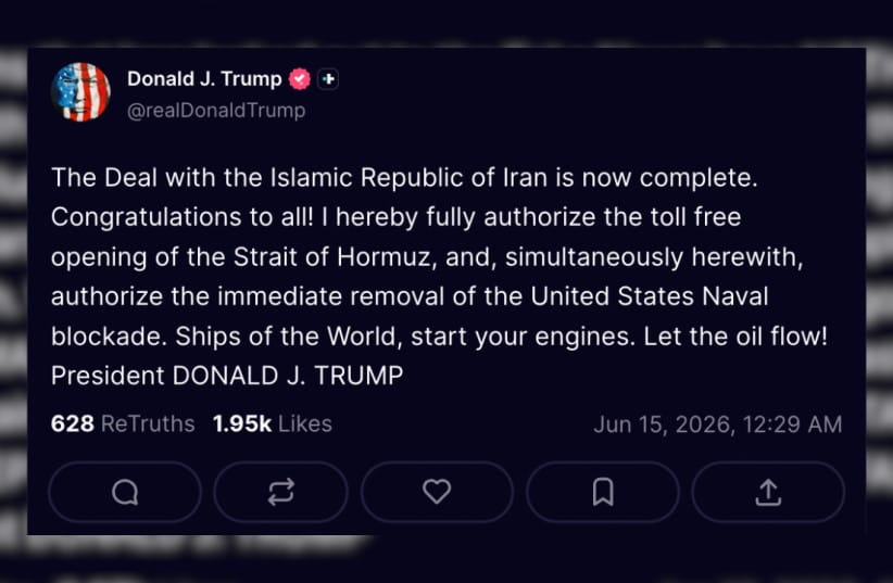US President Donald Trump posts on Truth Social on June 15, 2026.