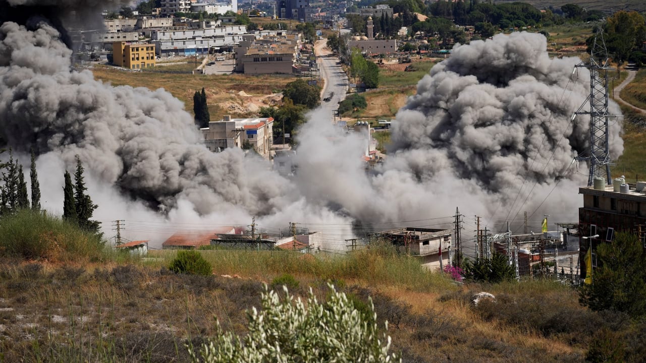 Smoke billows from southern Lebanon following an Israeli strike, as seen from Nabatieh, Lebanon, June 13, 2026.