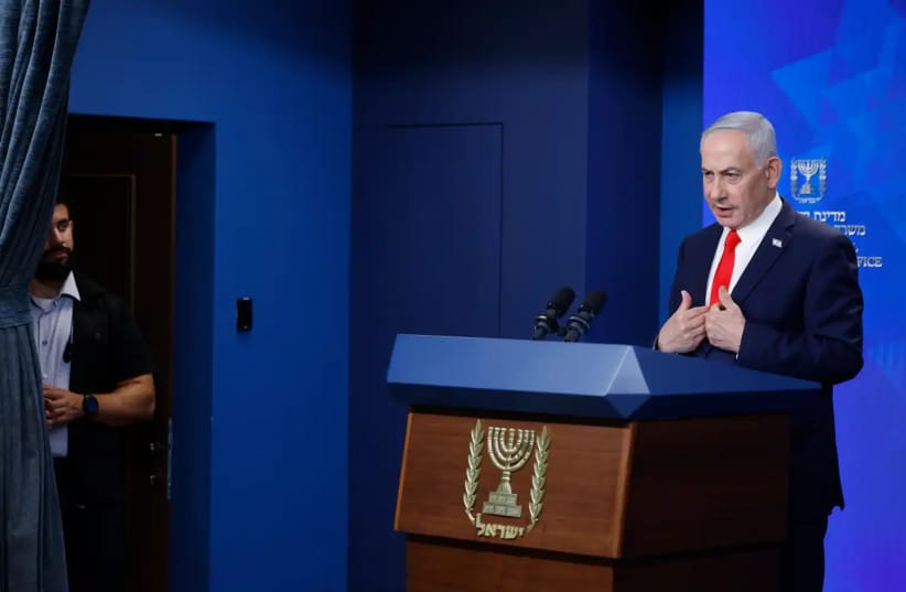 Prime Minister Benjamin Netanyahu speaks to reporters in Jerusalem, June 15, 2026.