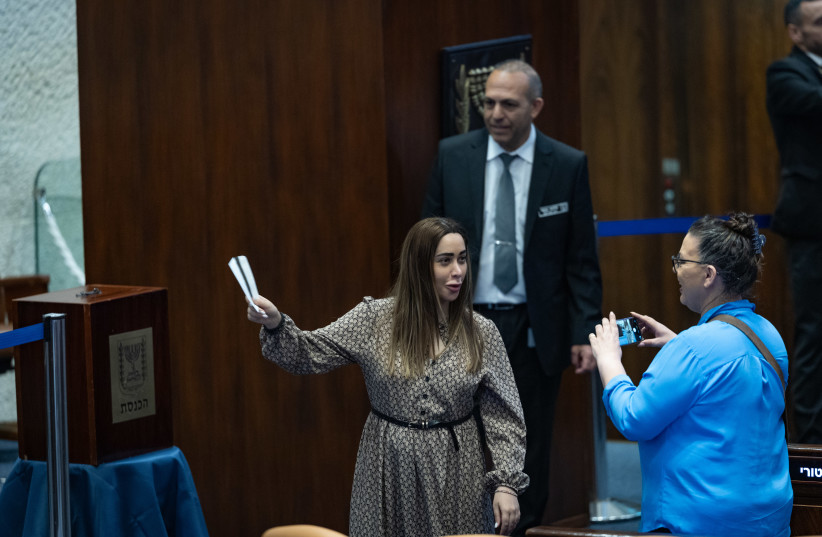 Minister for Social Equality and the Advancement of Women May Golan and Member of Knesset Galit Distel Atbaryan attend the State Comptroller elections at the plenum of the Knesset, in Jerusalem, June 3, 2026.